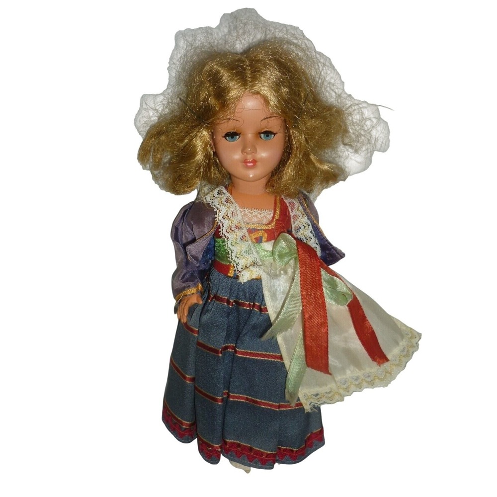 Vintage Dutch Folk Girl Collector Doll Blonde Blue Sleep Eyes Traditional Dress